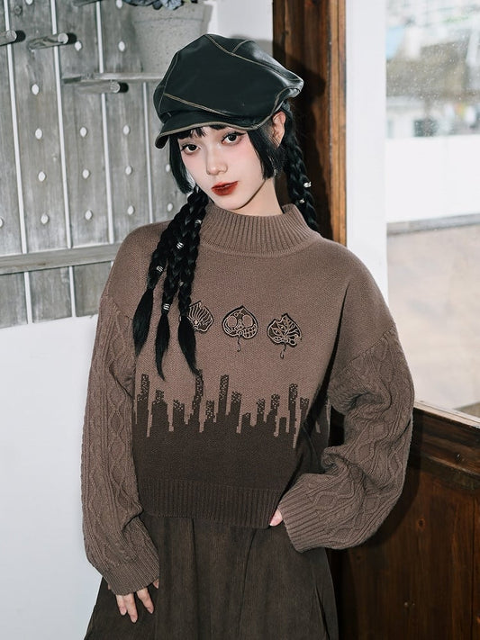 Leaf Sweater with Cheongsam Goth Brown Design Neck Mock Embroidery