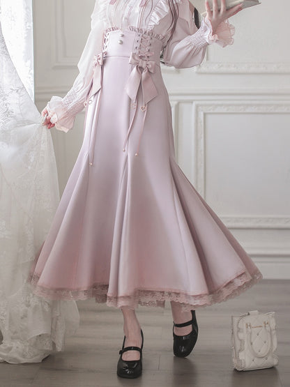Light Pink Skirt Detail Mermaid Lace Lace-Up Trim and with High-Waisted