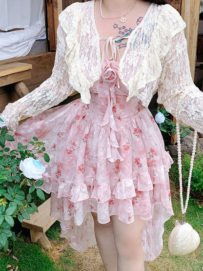 Rock High-Low-Rosettendruck Camisole Rosa Rüschen Übergröße Baskentaille Kaskadenkleid