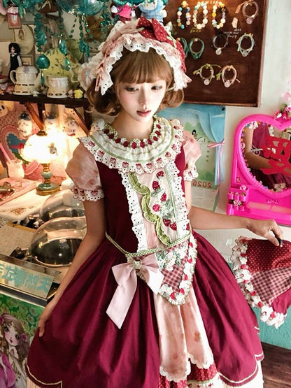Wine Red Plaid Apron with Strawberry Embroidery - Unfinished Fairy Tales