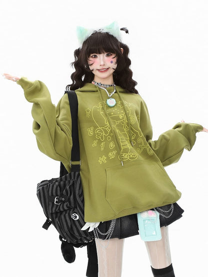 Cartoon Green/White/Blue Star Pocket Girl Daily Pattern and - Kawaii Convenient Hoodie