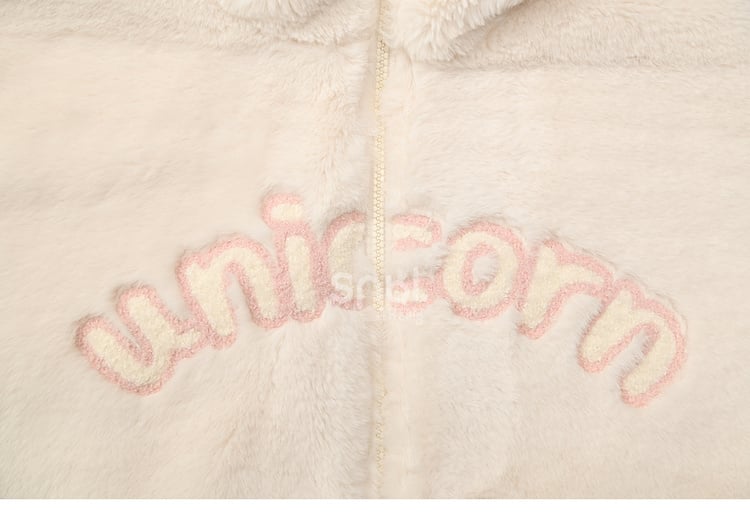 Beigefarbener Fleece-Kapuzenpullover mit Buchstabenmuster und Einhornkopf