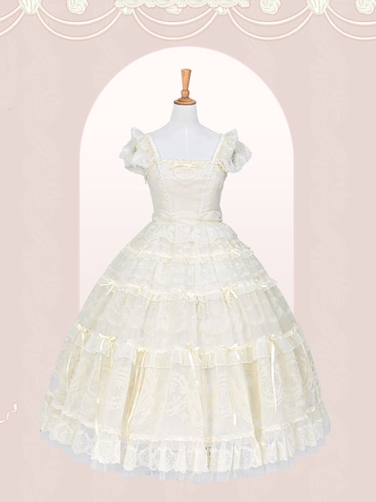 Perlen Schleife Creme Prinzessin Akzente Weiß Ausschnitt Band Kleid Lolita