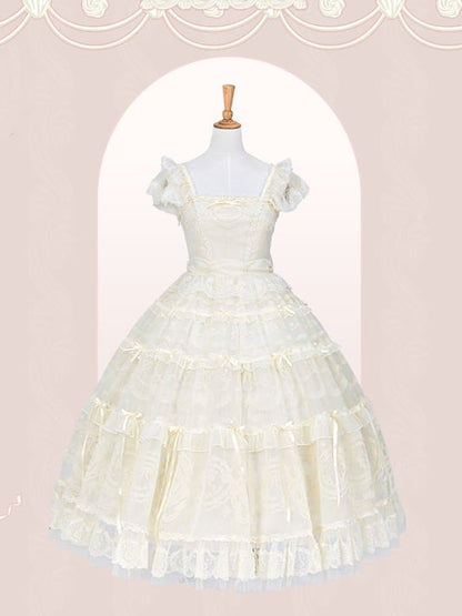 Perlen Schleife Creme Prinzessin Akzente Weiß Ausschnitt Band Kleid Lolita