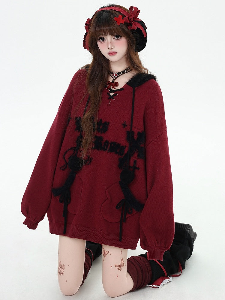 Black Letters Pattern Hooded V-neck Loose Sweater