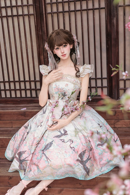Swallow Kite and Peach Blossom Print Pink Chinoiserie Lolita Dress - Dream Magic Box