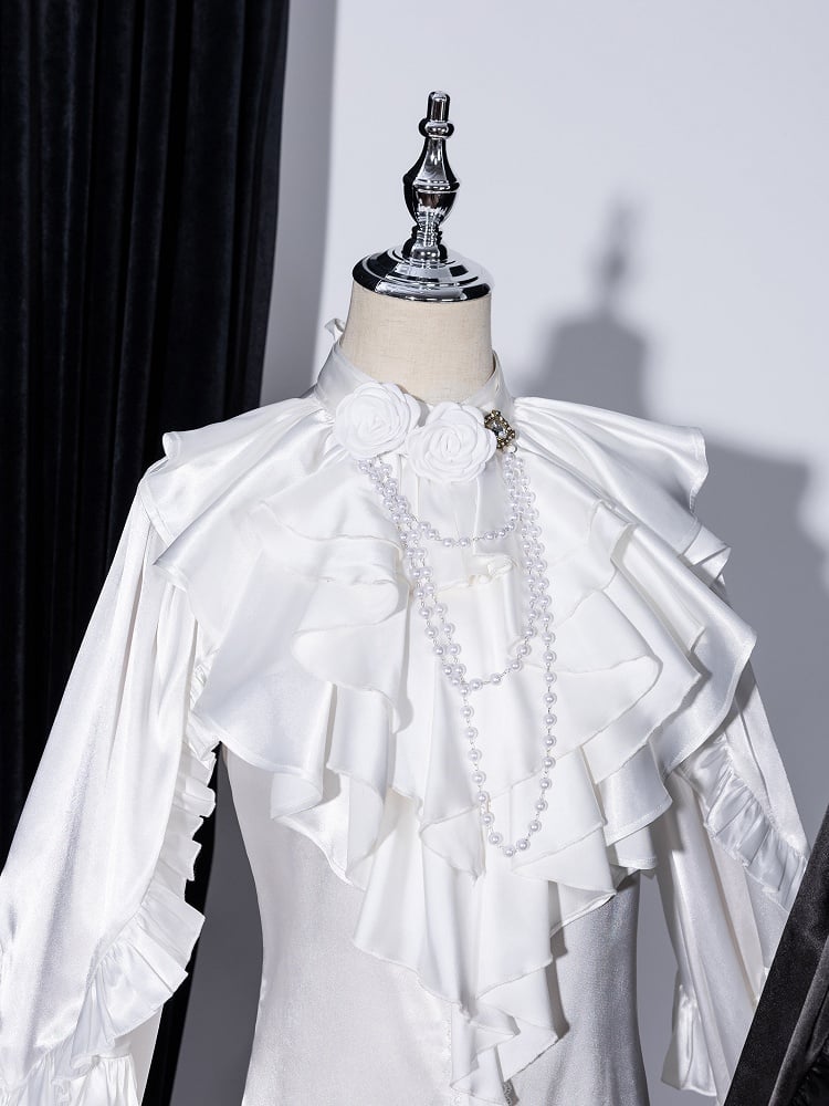 White Layered Jabot Tie with Detachable Rose Bead Chain - DevilInspired Exclusive Collection
