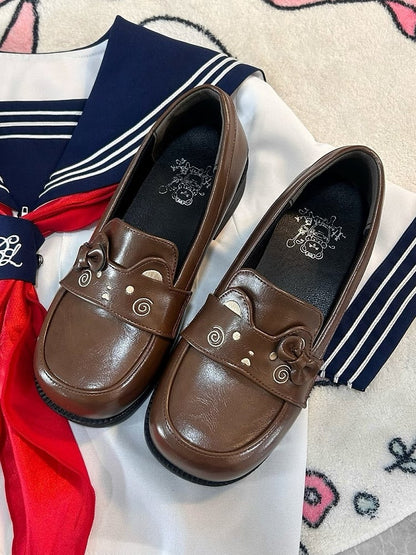 Brown Preppy Style Loafers with Bow Accent & Bear Motif
