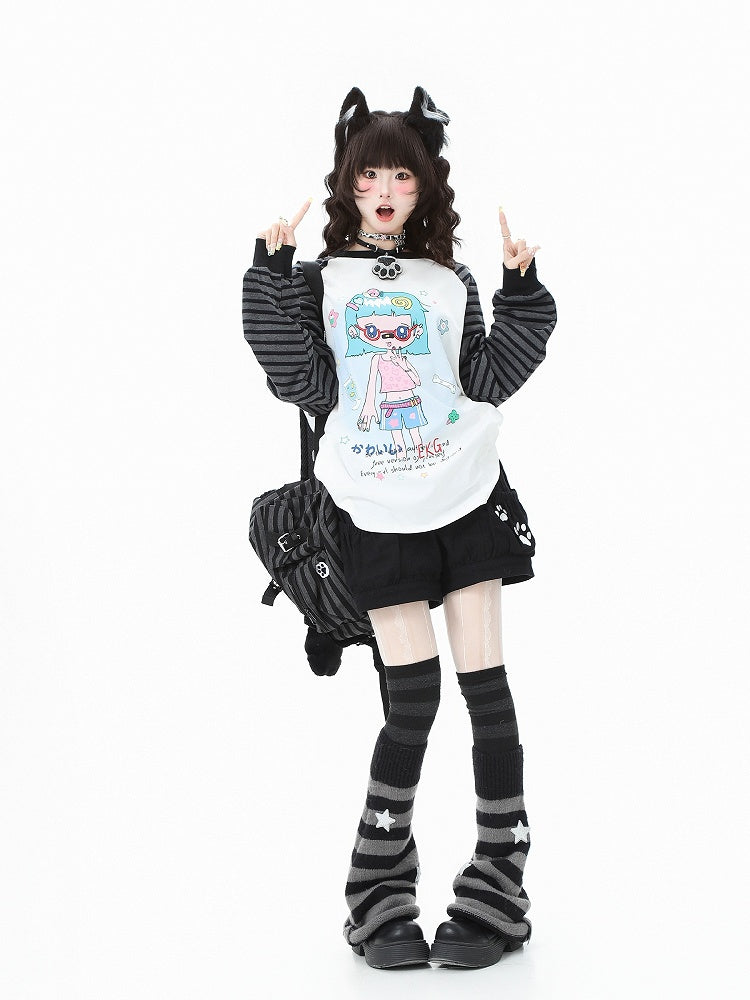 Cartoon Top Sleeve Striped Girl White/Orange