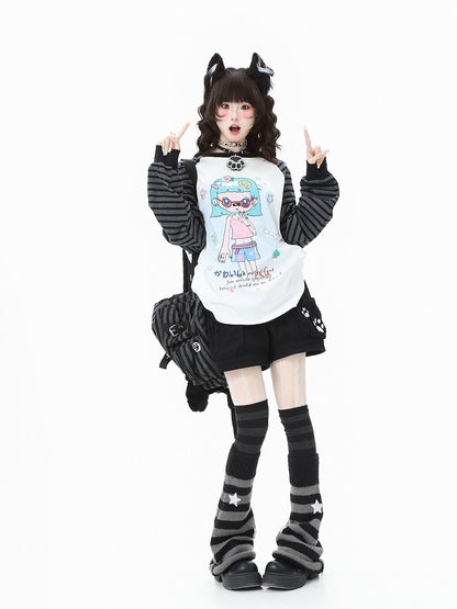 Cartoon Top Sleeve Striped Girl White/Orange