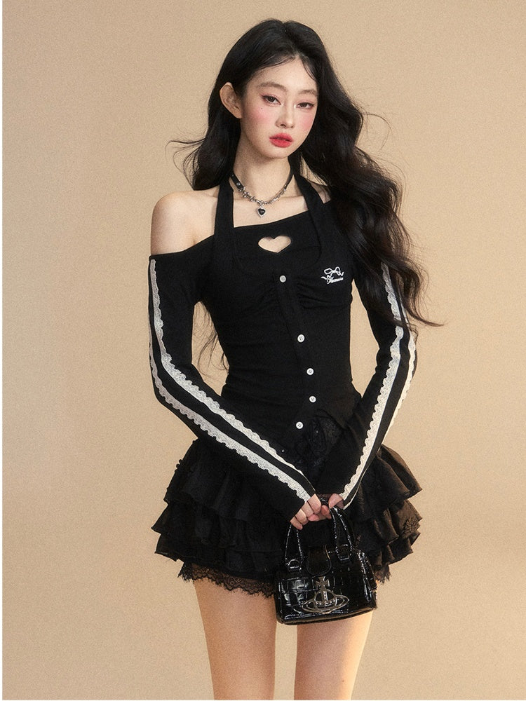 Trim Glamorous Spitzenausschnitt Schwarz Neckholder Herzförmiges Top Schmal geschnitten