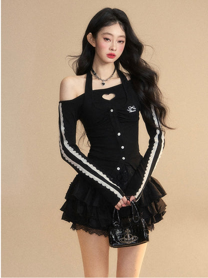 Trim Glamorous Spitzenausschnitt Schwarz Neckholder Herzförmiges Top Schmal geschnitten