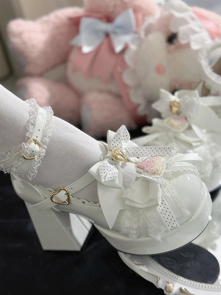 Janes Berry - Heart PU White High Block Mary Bow Fastener Polished Accented Customizable Heel in