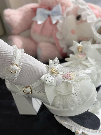 Janes Berry - Heart PU White High Block Mary Bow Fastener Polished Accented Customizable Heel in