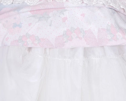 Frühlings-Erdbeer- und Kaninchen-Print, Spitzenbesatz, Schleife, Akzente, Beige, süßes Lolita-Kleid, einteilig