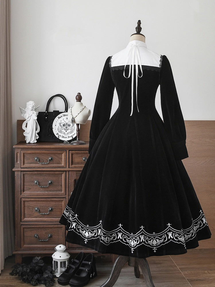 for Black Winter Autumn Details Nun and Embroidery Sleeves Lolita Velvet Dress Long