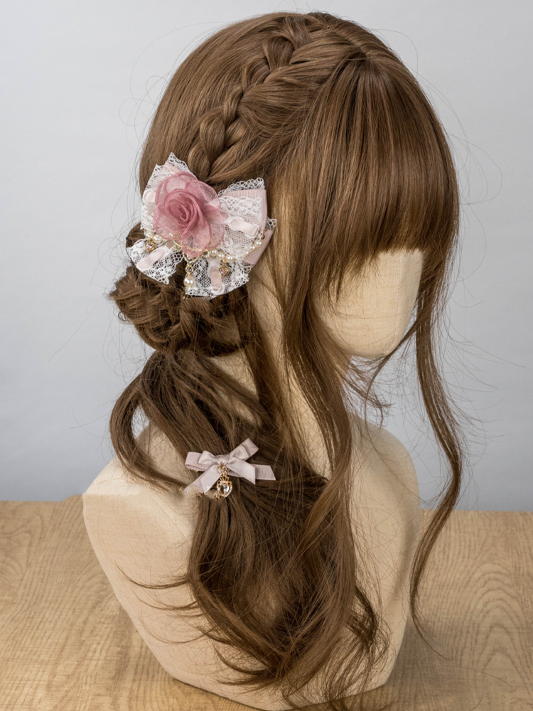 Jirai Kei Pink/Apricot/Black Lace Rose Beaded Chain Lolita Hairclip