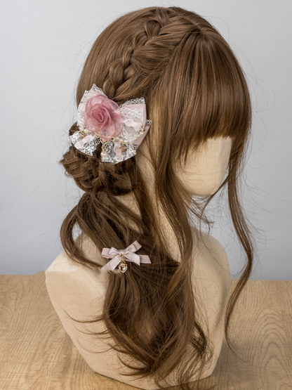 Jirai Kei Pink/Apricot/Black Lace Rose Beaded Chain Lolita Hairclip