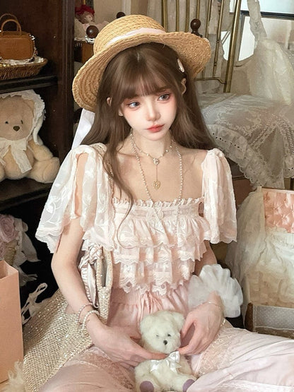 Volant mit Sakura-Rosa Chiffon-Overlay-Top mit floraler bestickter Spitze