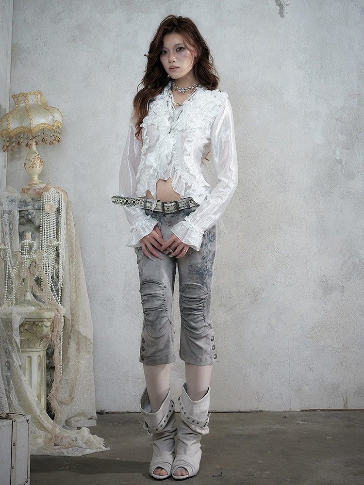 Shimmery White Ruffle Decorated Long Sleeve Blouse with Tie-Back Waist Cinch - NO ROMANCE