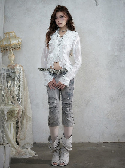Shimmery White Ruffle Decorated Long Sleeve Blouse with Tie-Back Waist Cinch - NO ROMANCE
