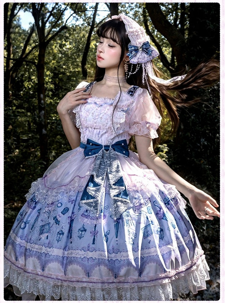 Romantic Floral Puff-Sleeve Dress with Lace, Pearl & Overlay - Mademoiselle Pearl