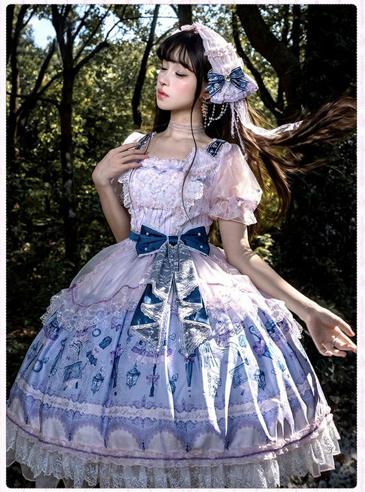 Romantic Floral Puff-Sleeve Dress with Lace, Pearl & Overlay - Mademoiselle Pearl