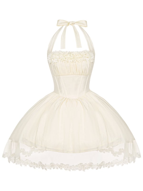 Baskenkleid Neckholder Sommer Beige Kurzer Hals Selbstbinden Stäbchen Taille