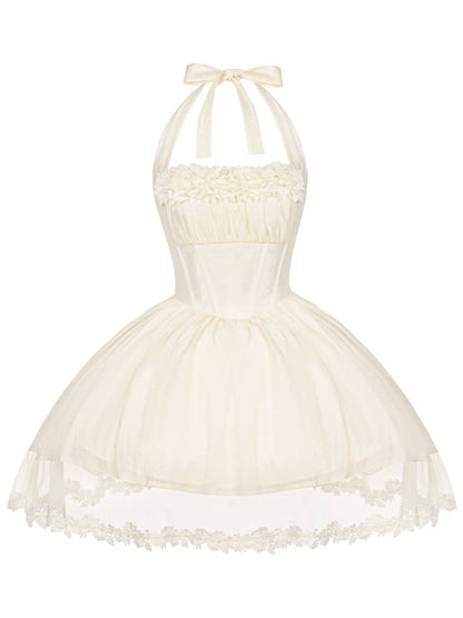 Baskenkleid Neckholder Sommer Beige Kurzer Hals Selbstbinden Stäbchen Taille