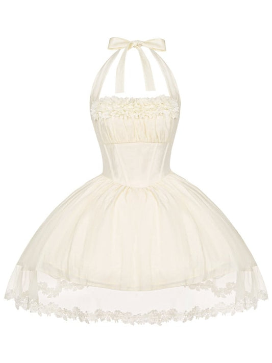 Baskenkleid Neckholder Sommer Beige Kurzer Hals Selbstbinden Stäbchen Taille