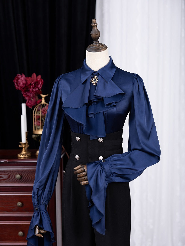Royal Blue Pleated Bodice Shirt with Foldover Collar and Ruffle Cuffs - DevilInspired Exclusive Collection