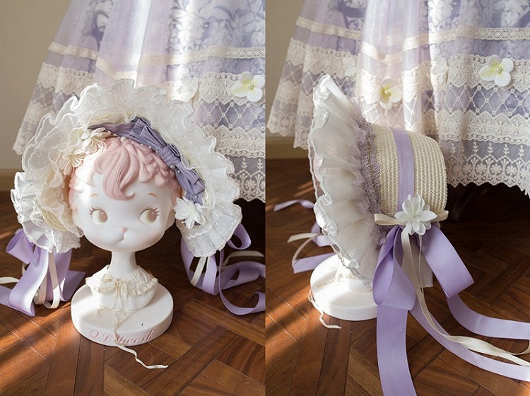 Bowknot Decoration Floral Green / Bonnet Purple