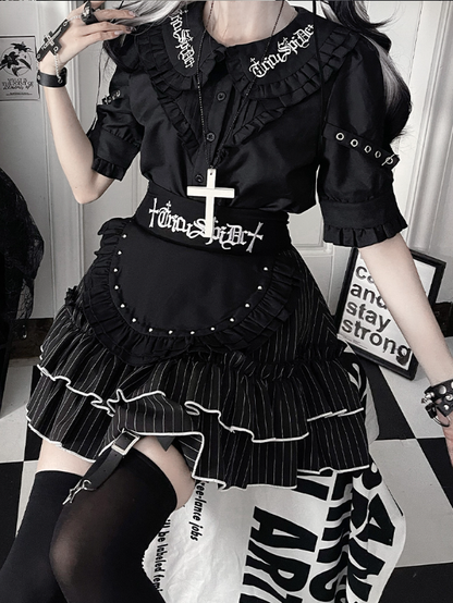 Collar Black Short Pan Buckle Gothic Blousewith StrapsRuffled Sleeve Peter