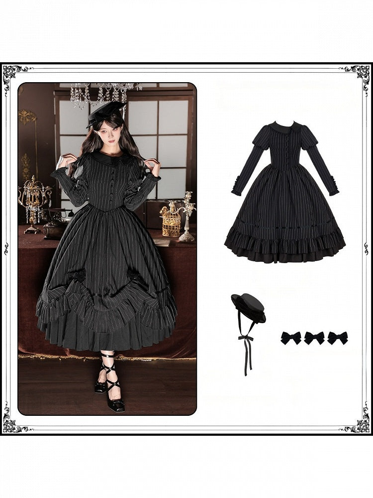 Black Striped Long Sleeve Lolita OP Dress Full Set with Mini Hat & 2-Way Bow Brooch - With PUJI