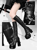 System Boots in Block Knee-High Slim Fastening with Black Platform Version Heel Hybrid PU High