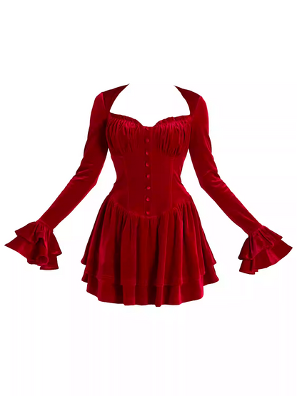Glamouröses Minikleid aus rotem Samt mit V-Ausschnitt und Glockenärmeln und Stufenrock