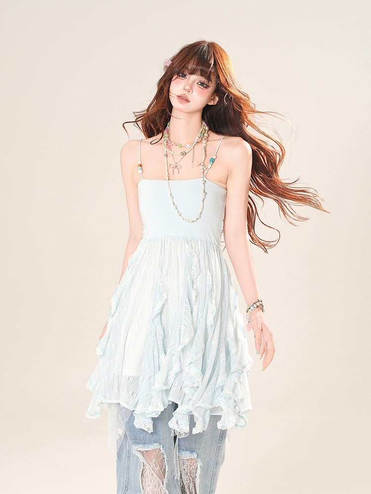 カスケードフリルアクセントレースキャミソールトップ ブルー/アプリコット