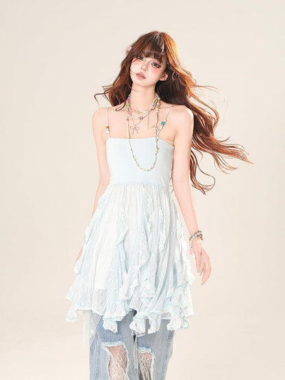 カスケードフリルアクセントレースキャミソールトップ ブルー/アプリコット