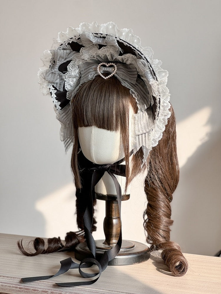 Bead Lolita Sweet Bonnet Lace-Trimmed Black with Embellishment Heart-shaped