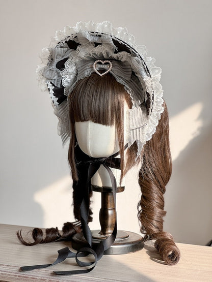 Bead Lolita Sweet Bonnet Lace-Trimmed Black with Embellishment Heart-shaped