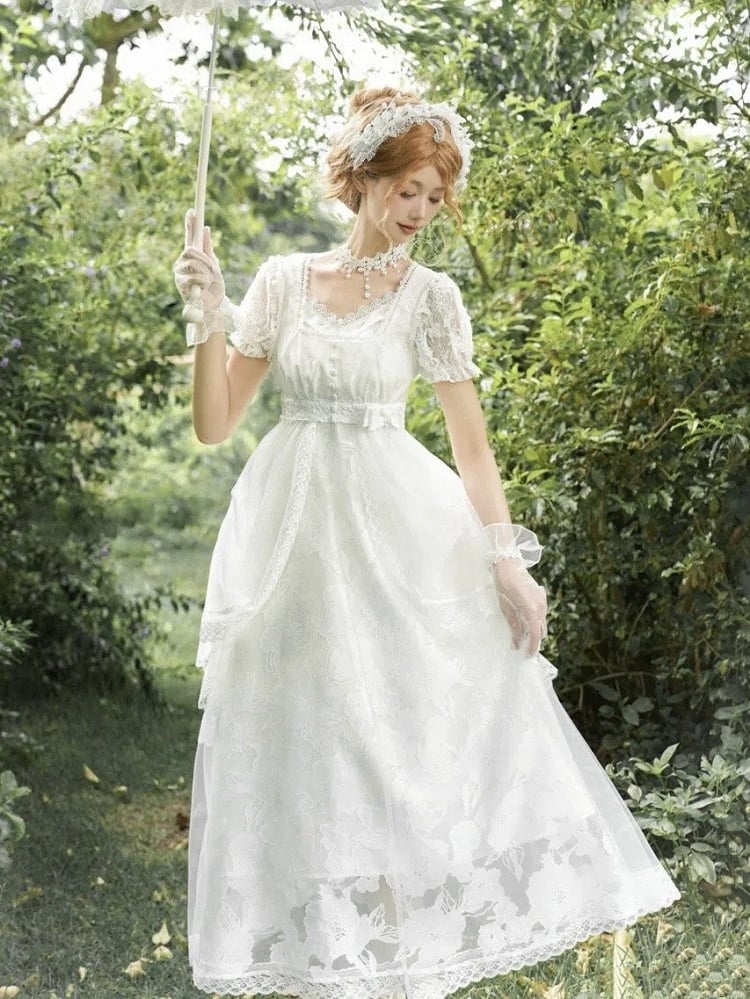 Version Slip Weißes langes Empire-Taillenkleid mit V-Ausschnitt, elegantes Lolita