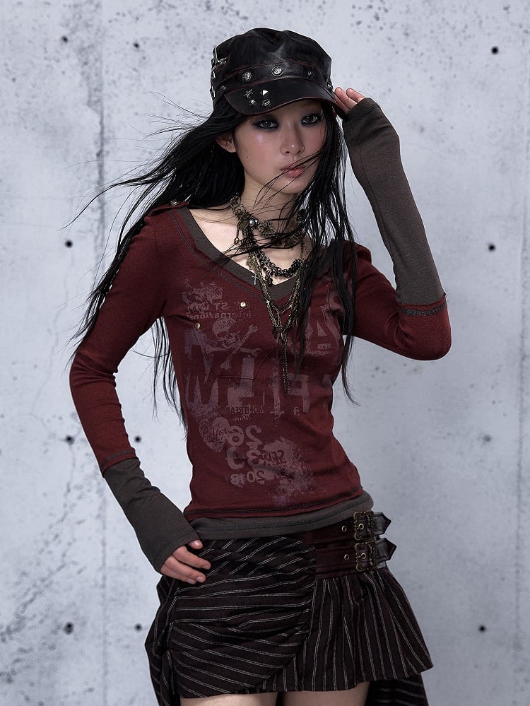 Top Patchwork Design Long Red Rock Sleeve Punk Wine Print with Letter