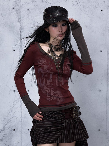 Top Patchwork Design Long Red Rock Sleeve Punk Wine Print with Letter