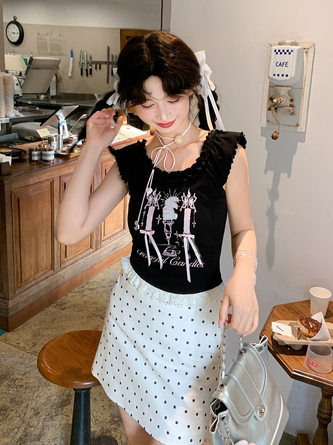 トップタンク ブラック キャンドルスティックプリント レーストリム ビタースウィート