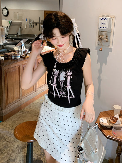 トップタンク ブラック キャンドルスティックプリント レーストリム ビタースウィート