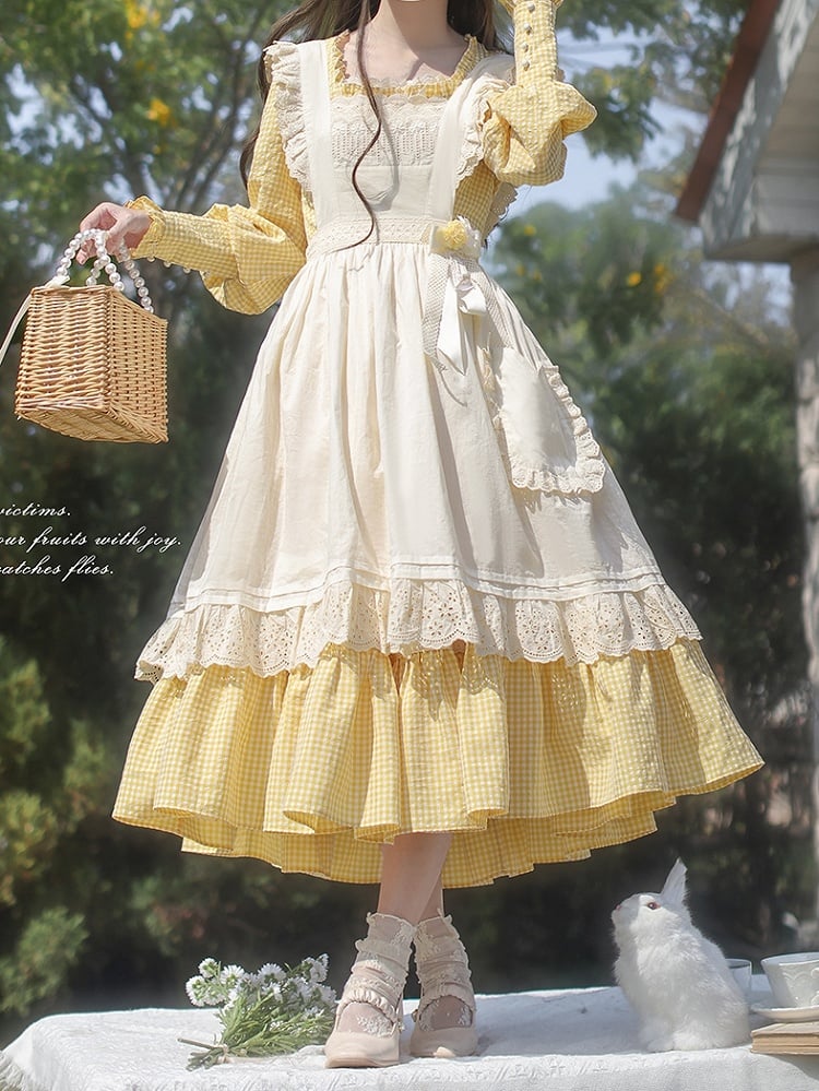 Gelbes Stück Süßes Lolita Taillenkleid Bischof Plaid Ärmel Hohe