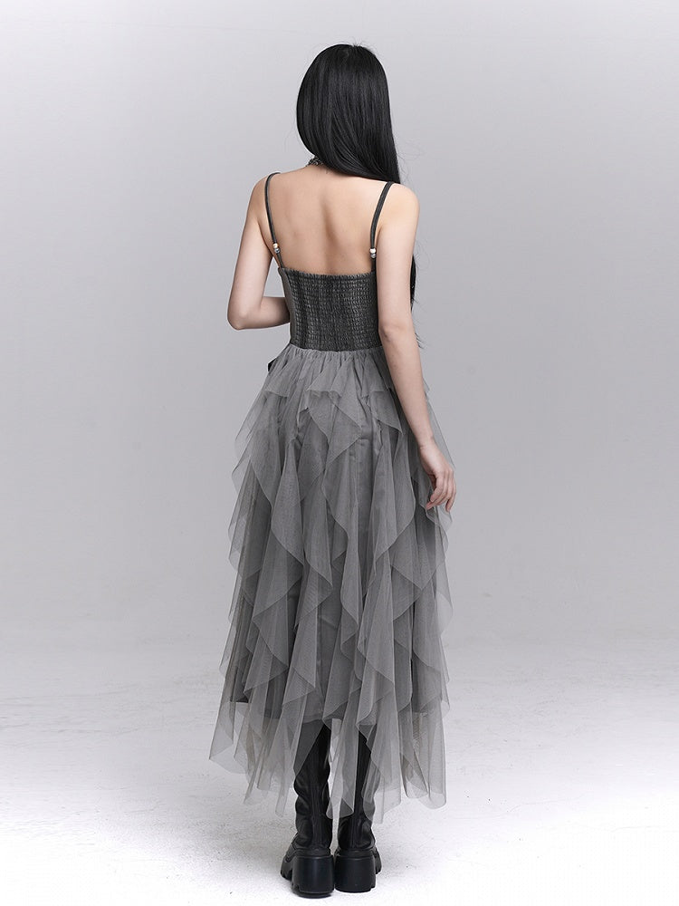 Gothic Rose Gray Accents Slip Tulle Dress Ruffles with Cascading