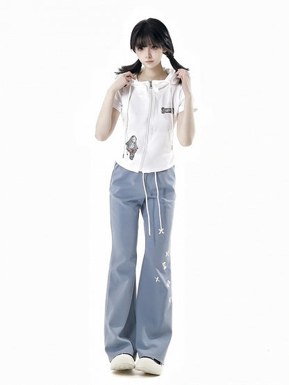 Schlaghose mit Knochenstickerei und Kordelzug in der Taille, Schwarz/Blau/Grau