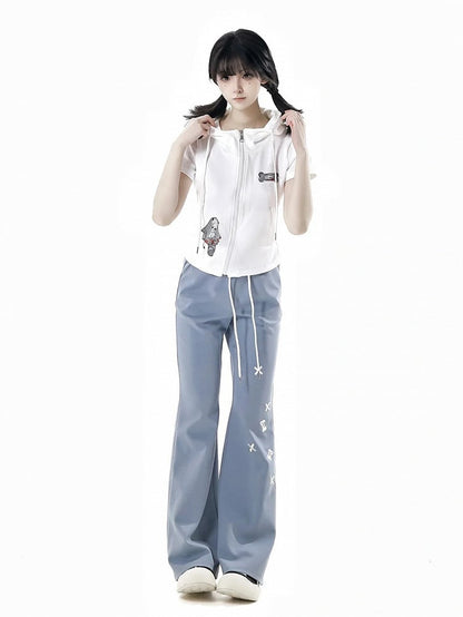 半袖トップス、ブラック/ホワイト、デビルホーンデザイン、フード、ジップ開閉