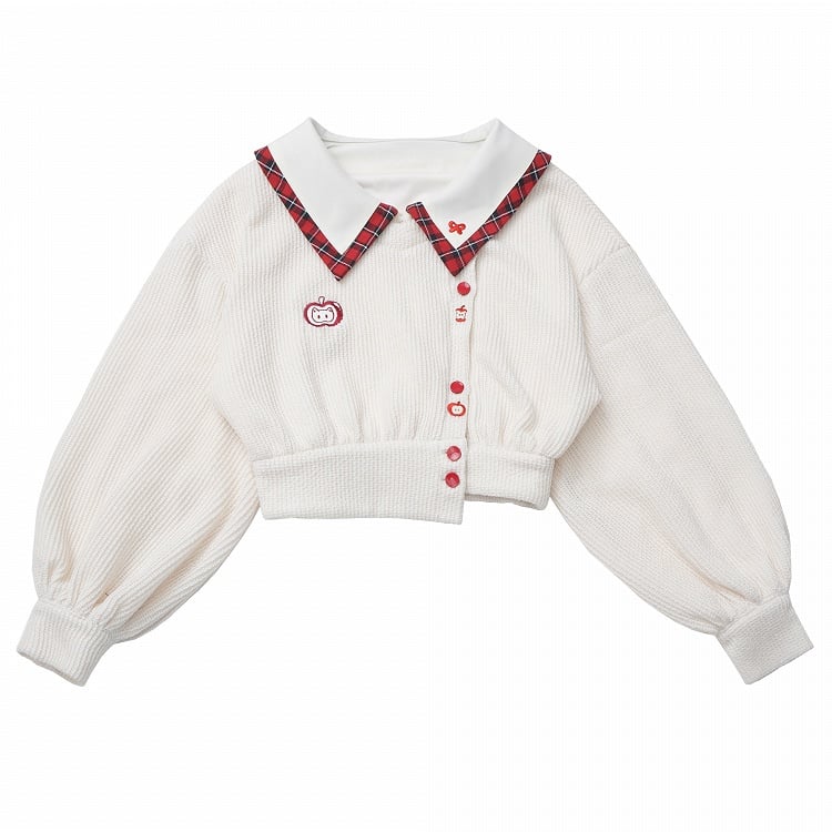 Collar with Crop and Sweatshirt Red Apple Regular/Thicken Embroidery Plaid Knit White